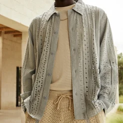 Cheap Kith Cotton Eyelet Boxy Collared Overshirt Light Indigo