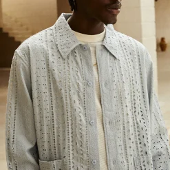 Cheap Kith Cotton Eyelet Boxy Collared Overshirt Light Indigo