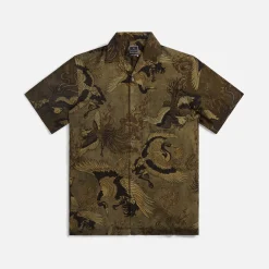 New Maharishi Peace Cranes Camp Collar Shirt Olive