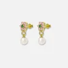 New VEERT Pink & Green Flower Freshwater Pearl Earrings Yellow Gold