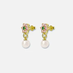 Fashion VEERT Pink & Green Flower Freshwater Pearl Earrings Yellow Gold