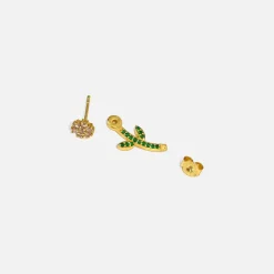 Flash Sale VEERT Pink & Green Flower Studs Yellow Gold