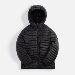 Shop Stone Island Real Down Hooded Jacket Black