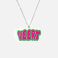 Shop VEERT Retro Logo Pendant With Chain White Gold / Green / Pink