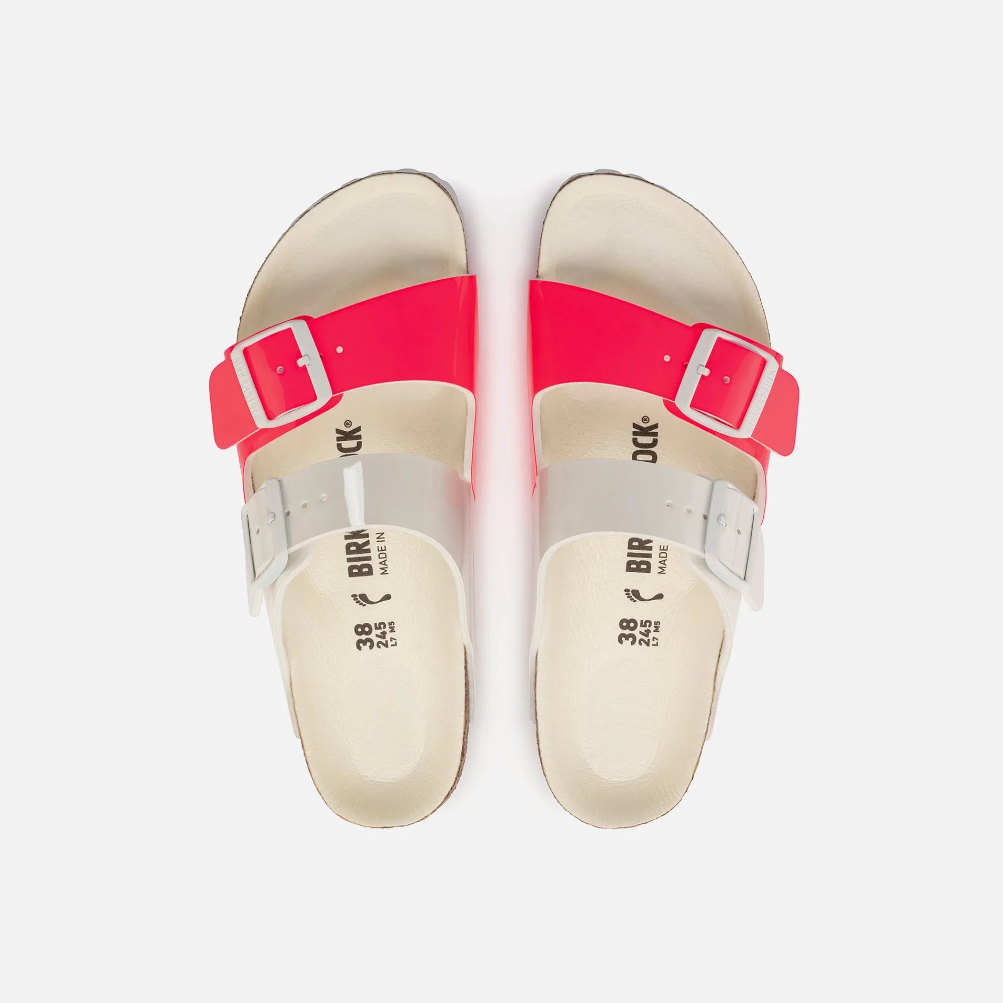 Sale Birkenstock Wmns Arizona Split Birko-Flor Patent White / Neon Pink