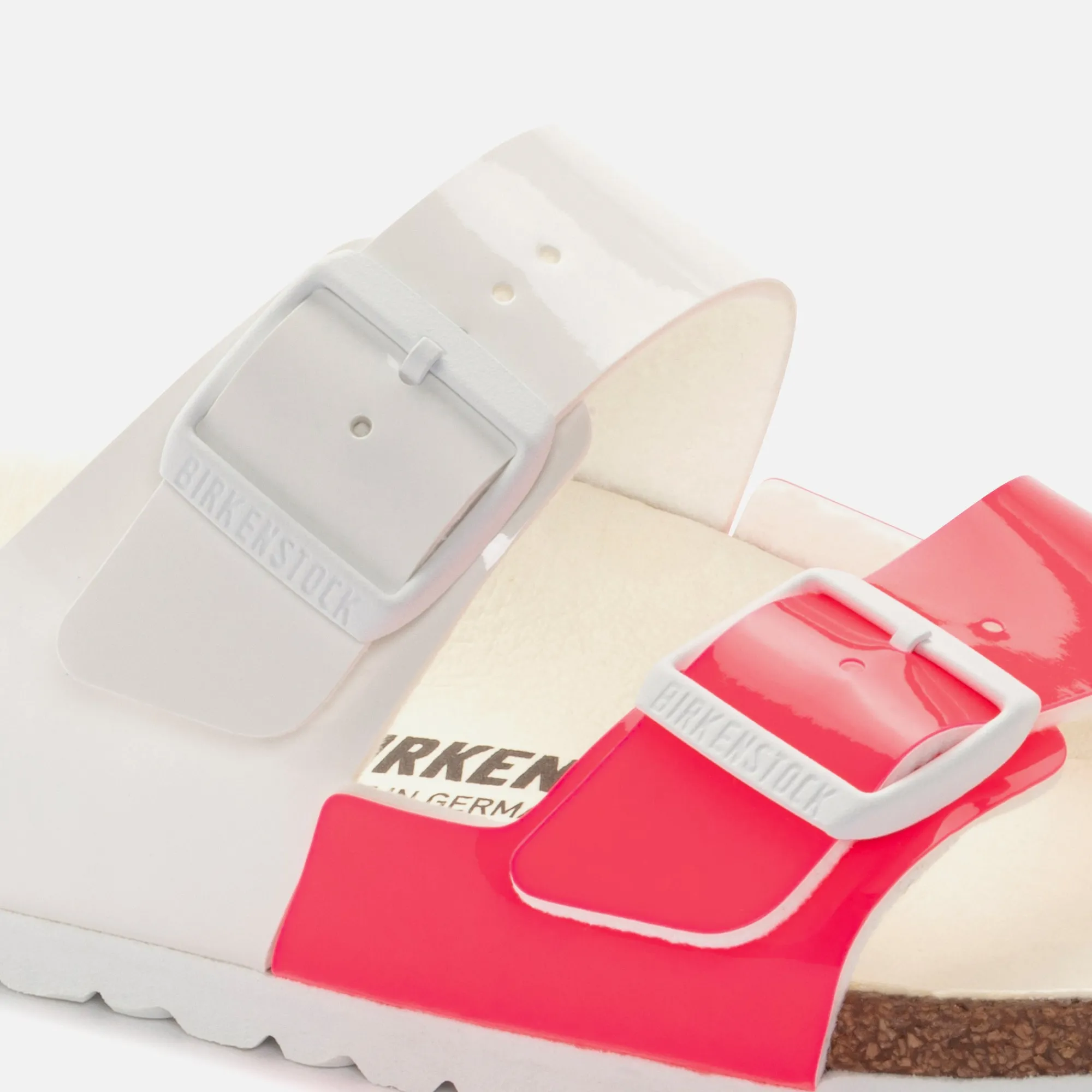 Sale Birkenstock Wmns Arizona Split Birko-Flor Patent White / Neon Pink