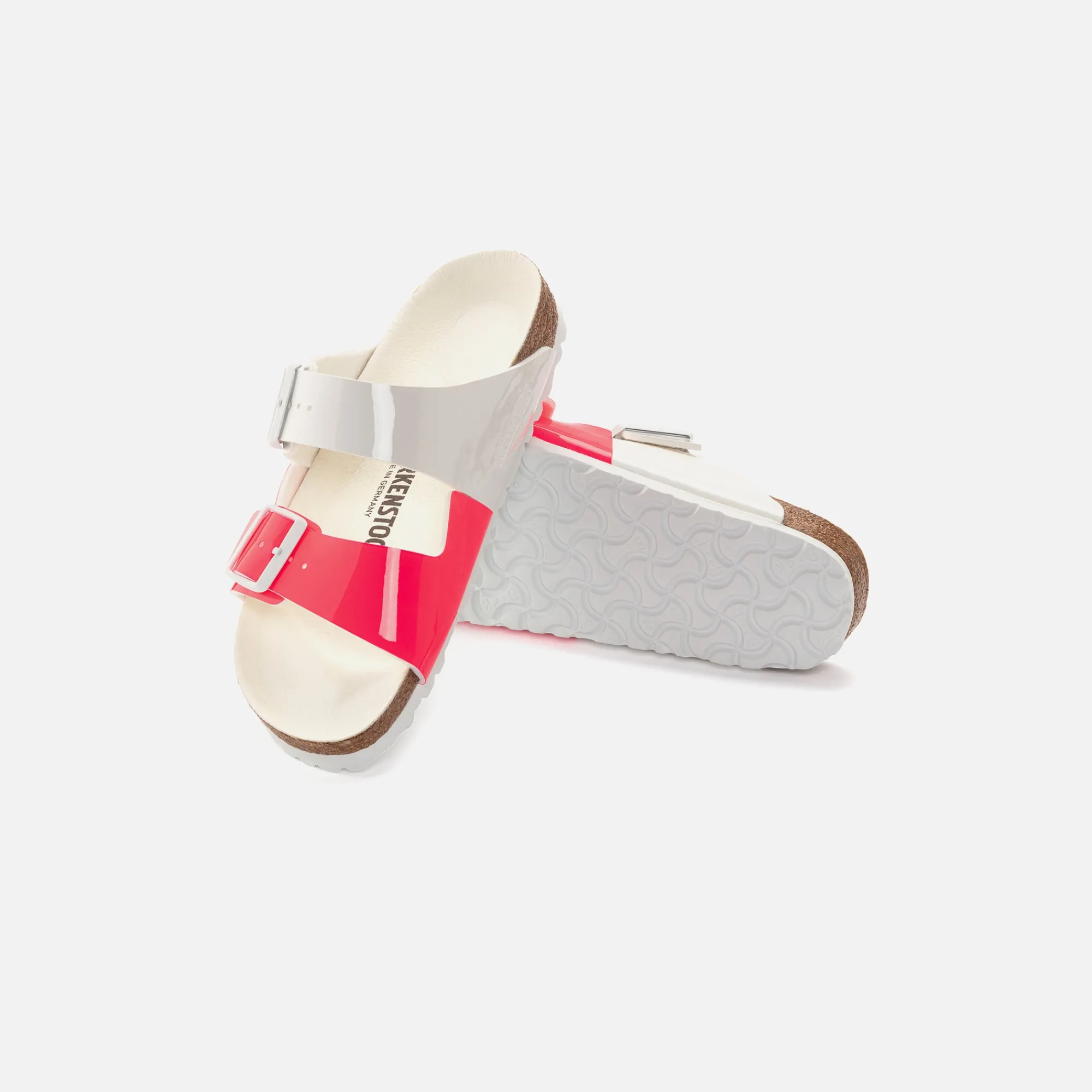 Sale Birkenstock Wmns Arizona Split Birko-Flor Patent White / Neon Pink